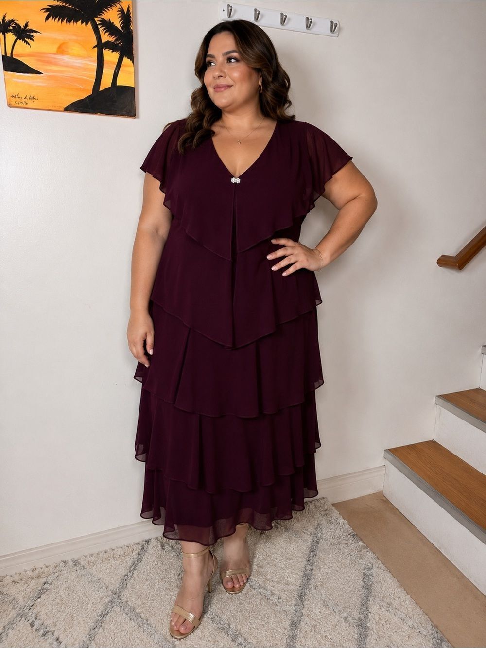 S.L. Fashions Tiered V-Neck Dress in Plum